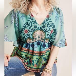 FARM Rio for Anthropologie Idiya Blouse Green Motif Size Medium